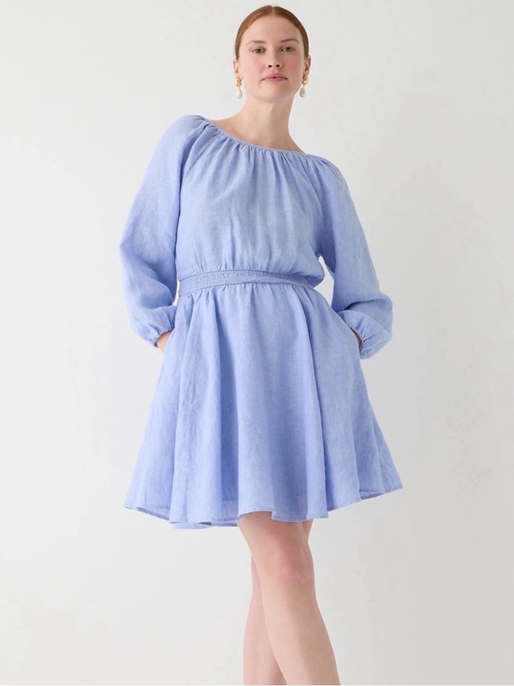 J CREW Palermo Smocked-Waist Mini Dress in Linen L